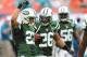 Dec 29, 2013; Miami Gardens, FL, USA; New York Jets cornerback Dee Milliner (left) celebrates his interception catch with teammate New York Jets strong safety Dawan Landry (right) during the second half against the Miami Dolphins at Sun Life Stadium. Mand