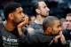 ATLANTA, GA - OCTOBER 17: Tim Duncan #21 and Tony Parker #9 of the San Antonio Spurs watch in the final seconds during the game against the Atlanta Hawks at Philips Arena on October 17, 2013 in Atlanta, Georgia. NOTE TO USER: User expressly acknowledges