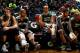 ATLANTA, GA - JANUARY 24: Marco Belinelli #3, Tony Parker #9, Manu Ginobili #20, Tim Duncan #21 and Patty Mills #8 of the San Antonio Spurs sit on the bench in the final minutes of their 105-79 win over the Atlanta Hawks at Philips Arena on January 24, 2