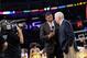LOS ANGELES, CA - MARCH 19: ESPN's Jalen Rose interviews Gregg Popovich of the San Antonio Spurs during a timeout in a game against the Los Angeles Lakers at Staples Center on March 19, 2014 in Los Angeles, California. NOTE TO USER: User expressly acknowl