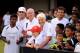 KUALA LUMPUR, MALAYSIA - MARCH 25: Laureus Academy Members Robby Naish, Sir Bobby Charlton and Dawn Fraser pose with players during the Laureus All Stars Unity Cup ahead of the 2014 Laureus World Sports Awards at Royal Selangor Club on March 25, 2014 in