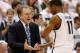 EAST LANSING, MI - MARCH 07: Head coach Tom Izzo of the Michigan State Spartans congratulates Keith Appling #11 as he leaves the floor in the second half while playing the Wisconsin Badgers at the Jack T. Breslin Student Events Center on March 7, 2013 in