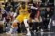 Mar 26, 2014; Indianapolis, IN, USA; Indiana Pacers center Roy Hibbert (55) dribbles against Miami Heat forward Chris Andersen (11) defending during the first quarter at Bankers Life Fieldhouse. Mandatory Credit: Pat Lovell-USA TODAY Sports