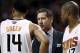 Mar 14, 2014; Boston, MA, USA; Phoenix Suns head coach Jeff Hornacek (center) speaks to guard Gerald Green (14) and forward P.J. Tucker (right) during the first half of a game against the Boston Celtics at TD Garden. Mandatory Credit: Mark L. Baer-USA TOD
