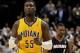 Mar 26, 2014; Indianapolis, IN, USA; Indiana Pacers center Roy Hibbert (55) reacts at the end of the game against the Miami Heat at Bankers Life Fieldhouse. The Pacers won 84-83. Mandatory Credit: Pat Lovell-USA TODAY Sports