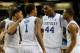 ATLANTA, GA - MARCH 15: Julius Randle #30, Andrew Harrison #5, James Young #1, Dakari Johnson #44 and Aaron Harrison #2 of the Kentucky Wildcats huddle together during the semifinals of the SEC Men's Basketball Tournament against the Georgia Bulldogs at