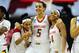 Mar 25, 2014; College Park, MD, USA; Maryland Terrapins center Malina Howard (5) celebrates with guard Lexie Brown (4) and guard Brene Moseley (3) after beating the Texas Longhorns 69-64 in the second round of the NCAA Tournament at Comcast Center. Mandat