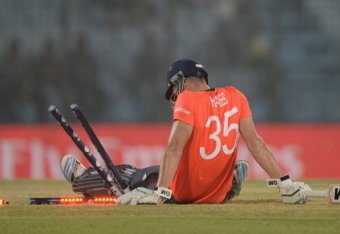 CHITTAGONG, BANGLADESH - MARCH 29:  Alex Hales of England falls into the stumps during the ICC World Twenty20 Bangladesh 2014 Group 1 match between England and South Africa at Zahur Ahmed Chowdhury Stadium on March 29, 2014 in Chittagong, Bangladesh.  (Ph