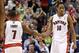 Mar 2, 2014; Toronto, Ontario, CAN; Toronto Raptors guard DeMar DeRozan (10) celebrates a basket with point guard Kyle Lowry (7) against the Golden State Warriors at Air Canada Centre. The Raptors beat the Warriors 104-98. Mandatory Credit: Tom Szczerbows