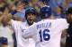 KANSAS CITY, MO - SEPTEMBER 18: Billy Butler #16 of the Kansas City Royals and Eric Hosmer #35 celebrate after scoring on a Salvador Perez double in the first inning against the Cleveland Indians at Kauffman Stadium on September 18, 2013 in Kansas City,