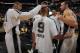 SAN ANTONIO, TX - JUNE 16: Tim Duncan #21, Tony Parker #9 and Manu Ginobili #20 of the San Antonio Spurs celebrate after the Spurs' Game Five victory over the Miami Heat in the 2013 NBA Finals on June 16, 2013 at the AT&T Center in San Antonio, Texas. NOT
