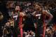 INDIANAPOLIS, IN - MARCH 26: Dwyane Wade #3 and LeBron James #6 of the Miami Heat stand on the court during a game against the Indiana Pacers on March 26, 2014 at Bankers Life Fieldhouse in Indianapolis, IN. NOTE TO USER: User expressly acknowledges and