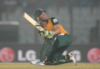 CHITTAGONG, BANGLADESH - MARCH 29:  AB de Villiers of South Africa hits out for six runs during the ICC World Twenty20 Bangladesh 2014 Group 1 match between England and South Africa at Zahur Ahmed Chowdhury Stadium on March 29, 2014 in Chittagong, Banglad
