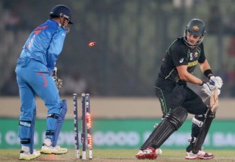 DHAKA, BANGLADESH - MARCH 30:  Shane Watson of Australia is bowled out during the ICC World Twenty20 Bangladesh 2014 match between India v Australia at Sher-e-Bangla Mirpur Stadium on March 30, 2014 in Dhaka, Bangladesh.  (Photo by Scott Barbour/Getty Ima