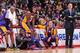 LOS ANGELES, CA - JANUARY 4: Head Coach Mike D'Antoni of the Los Angeles Lakers, along with players Steve Nash #10, Jordan Hill #27 and Kobe Bryant #24, looks from the sideline during a game against the Los Angeles Clippers at Staples Center on January 4,