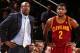 NEW YORK, NY - JANUARY 30: Head Coach Mike Brown of the Cleveland Cavaliers talks to Kyrie Irving #2 of the Cleveland Cavaliers during a game against the New York Knicks at Madison Square Garden in New York City on January 30, 2014. NOTE TO USER: User ex