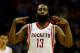 HOUSTON, TX - APRIL 04: James Harden #13 of the Houston Rockets celebrates after hitting a 25 foot three pointer in the fourth period against the Oklahoma City Thunder during a game at the Toyota Center on April 4, 2014 in Houston, Texas. NOTE TO USER: U