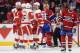 MONTREAL, QC - APRIL 5: Pavel Datsyuk #13 of the Detroit Red Wings celebrates with teammates Niklas Kronwall #55, David Legwand #17 and Johan Franzen #93 after scoring a goal against the Montreal Canadiens during the NHL game on April 5, 2014 at the Bell