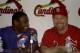 7 Sep 1998: Sammy Sosa #21 of the Chicago Cubs laughs with Mark McGwire #25 of the St Louis Cardinals during a press conference after the game against the Chicago Cubs at Busch Stadium in St Louis, Missouri. The Cardinals defeated the Cubs 3-2