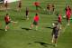 Barcelona players undergo their stretching routine