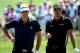 ARDMORE, PA - JUNE 12: (L-R) Dustin Johnson of the United States and Henrik Stenson of Sweden stand together during a practice round prior to the start of the 113th U.S. Open at Merion Golf Club on June 12, 2013 in Ardmore, Pennsylvania. (Photo by Andre