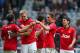 NEWCASTLE UPON TYNE, ENGLAND - APRIL 05: Juan Mata of Manchester United celebrates with team mates during the Barclays Premier League match between Newcastle United and Manchester United at St James' Park on April 5, 2014 in Newcastle upon Tyne, England.