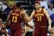 Mar 12, 2014; Phoenix, AZ, USA; Cleveland Cavaliers center Spencer Hawes (32) high fives forward Tristan Thompson (13) against the Phoenix Suns in the first half at US Airways Center. The Cavaliers won 110-101. Mandatory Credit: Jennifer Stewart-USA TODAY