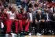 MILWAUKEE, WI - MARCH 29: Michael Beasley #8, Chris Bosh #1, LeBron James #6 and Dwyane Wade #3 of the Miami Heat sit on the bench during the game against the Milwaukee Bucks on March 29, 2014 at the BMO Harris Bradley Center in Milwaukee, Wisconsin. NOTE