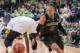 Mar 31, 2014; Notre Dame, IN, USA; Baylor Bears guard Odyssey Sims (0) battles for the ball with Notre Dame Fighting Irish guard Jewel Loyd (32) in the first half in the finals of the Notre Dame regional in the 2014 NCAA Tournament at the Purcell Pavilion