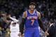 Mar 30, 2014; Oakland, CA, USA; New York Knicks forward Carmelo Anthony (7) reacts on the court against the Golden State Warriors in the fourth quarter at Oracle Arena. The Knicks won 89-84. Mandatory Credit: Cary Edmondson-USA TODAY Sports
