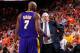 PHOENIX - MAY 23: Lamar Odom #7 talks to head coach Phil Jackson of the Los Angeles Lakers in Game Three of the Western Conference Finals against the Phoenix Suns during the 2010 NBA Playoffs on May 23, 2010 at US Airways Center in Phoenix, Arizona. Th