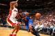 MIAMI, FL - APRIL 6: Carmelo Anthony #7 of the New York Knicks drives against Rashard Lewis #9 of the Miami Heat during a game on April 6, 2014 at American Airlines Arena in Miami, Florida. NOTE TO USER: User expressly acknowledges and agrees that, by do