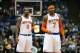 MINNEAPOLIS, MN - MARCH 5: J.R. Smith #8 and Carmelo Anthony #7 of the New York Knicks look on during the game against the Minnesota Timberwolves on March 5, 2014 at Target Center in Minneapolis, Minnesota. NOTE TO USER: User expressly acknowledges and ag