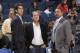 OAKLAND, CA - OCTOBER 11: Bob Myers, Joe Lacob, and Mark Jackson chat on the sideline during a game against the Maccabi Haifa on October 11, 2012 at Oracle Arena in Oakland, California. NOTE TO USER: User expressly acknowledges and agrees that, by downloa