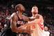 HOUSTON, TX - MARCH 9: Thomas Robinson #41 of the Portland Trail Blazers and Donatas Motiejunas #20 of the Houston Rockets battle for the rebound on March 9, 2014 at the Toyota Center in Houston, Texas. NOTE TO USER: User expressly acknowledges and agree