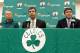 Jul 5, 2013; Waltham, MA, USA; Boston Celtics general manager Danny Ainge, left, and owner Wyc Grousbeck, right, listen as new Boston Celtics head coach Brad Stevens answers a question during a news conference announcing Stevens new position. Mandatory Cr