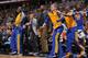DENVER, CO - April 16: David Lee #10, Stephen Curry #30 of the Golden State Warriors reacts to a call against the Denver Nuggets on April 16, 2014 at the Pepsi Center in Denver, Colorado. NOTE TO USER: User expressly acknowledges and agrees that, by down