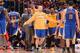 LOS ANGELES, CA - APRIL 19: Steve Blake #25 of the Golden State Warriors gives his teammates fives to congradulate them during Game One of the Western Conference Quarterfinals of the NBA Playoffs against the Golden State Warriors at STAPLES Center on Apri