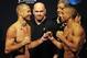 Apr 18, 2014; Orlando, FL, USA; Donald Cerrone (left) faces off with opponent Edson Barboza in front of UCF president Dana White for their lightweight fight for UFC on FOX 11 at Amway Center. Mandatory Credit: David Manning-USA TODAY Sports