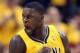 Apr 19, 2014; Indianapolis, IN, USA; Indiana Pacers guard Lance Stephenson (1) reacts to scoring against the Atlanta Hawks in game one during the first round of the 2014 NBA Playoffs at Bankers Life Fieldhouse. Mandatory Credit: Brian Spurlock-USA TODAY S