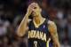 Apr 11, 2014; Miami, FL, USA; Indiana Pacers guard George Hill (3) reacts during the second half against the Miami Heat at American Airlines Arena. Miami won 98-86. Mandatory Credit: Steve Mitchell-USA TODAY Sports