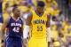 INDIANAPOLIS, IN - APRIL 19: Roy Hibbert #55 of the the Indiana Pacers walks with his head down after a foul in the 101 -93 loss to the Atlanta Hawks in Game 1 of the Eastern Conference Quarterfinals during the 2014 NBA Playoffs at Bankers Life Fieldhous