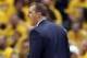 Apr 19, 2014; Indianapolis, IN, USA; Indiana Pacers coach Frank Vogel is not happy about a referee's call during a game against the Atlanta Hawks in game one during the first round of the 2014 NBA Playoffs at Bankers Life Fieldhouse. Atlanta defeats India