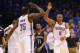 OKLAHOMA CITY, OK - APRIL 19: Kevin Durant #35 of the Oklahoma City Thunder and Russell Westbrook #0 of the Oklahoma City Thunder celebrate against the Memphis Grizzlies in Game One of the Western Conference Quarterfinals during the 2014 NBA Playoffs at