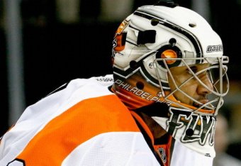 NEW YORK, NY - APRIL 20: Goalie Ray Emery #29 of the Philadelphia Flyers looks up in game two of the First Round of the 2014 NHL Stanley Cup Playoffs against the New York Rangers at Madison Square Garden on April 20, 2014 in New York City. The Flyers won