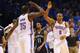 OKLAHOMA CITY, OK - APRIL 19: Kevin Durant #35 of the Oklahoma City Thunder and Russell Westbrook #0 of the Oklahoma City Thunder celebrate against the Memphis Grizzlies in Game One of the Western Conference Quarterfinals during the 2014 NBA Playoffs at