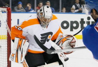 NEW YORK, NY - APRIL 20: Goalie Ray Emery #29 of the Philadelphia Flyers makes a save in the second period in Game Two of the First Round of the 2014 NHL Stanley Cup Playoffs against the New York Rangers at Madison Square Garden on April 20, 2014 in New Y