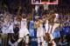 OKLAHOMA CITY, OK - APRIL 21: Kendrick Perkins #5 of the Oklahoma City Thunder celebrates after making a shot to tie the Memphis Grizzlies in regulation with Derek Fisher #6 and Kevin Durant #35 in Game Two of the Western Conference Quarterfinals during