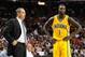 Dec 18, 2013; Miami, FL, USA; Indiana Pacers head coach Frank Vogel (left) talks with shooting guard Lance Stephenson (right) during the second half against the Miami Heat at American Airlines Arena. Miami won 97-94. Mandatory Credit: Steve Mitchell-USA T