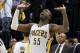 Apr 22, 2014; Indianapolis, IN, USA; Indiana Pacers center Roy Hibbert (55) reacts to the Pacers lead against the Atlanta Hawks in game two during the first round of the 2014 NBA Playoffs at Bankers Life Fieldhouse. Indiana defeats Atlanta 101-85. Mandato